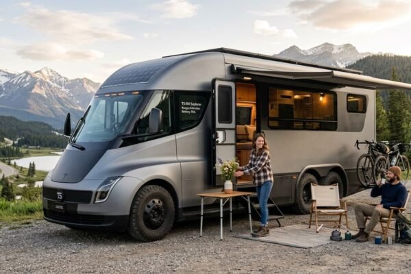 Tesla Semi motorhome concept featuring a futuristic electric truck design