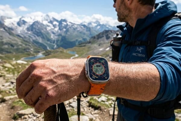 Apple Watch Ultra smartwatch with rugged titanium design and bright display