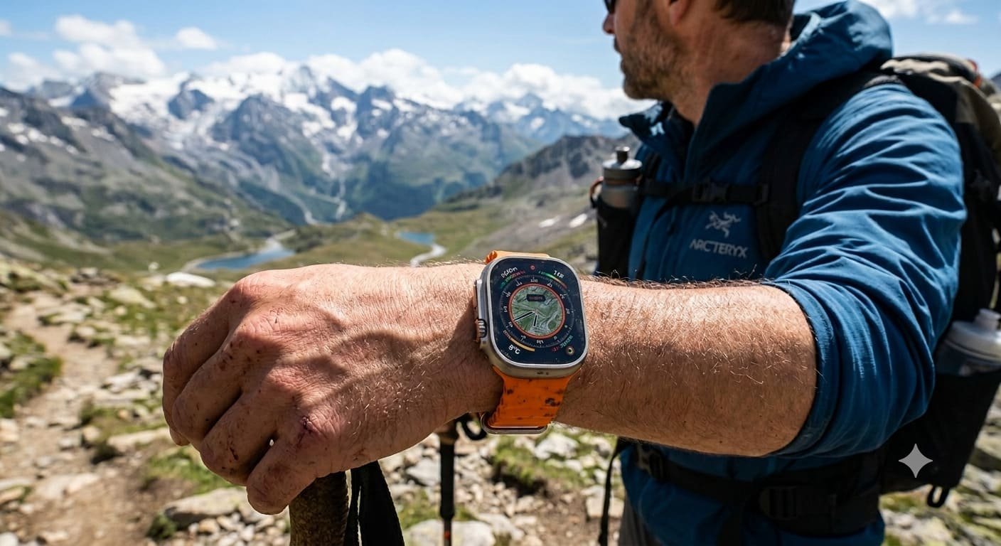 Apple Watch Ultra smartwatch with rugged titanium design and bright display