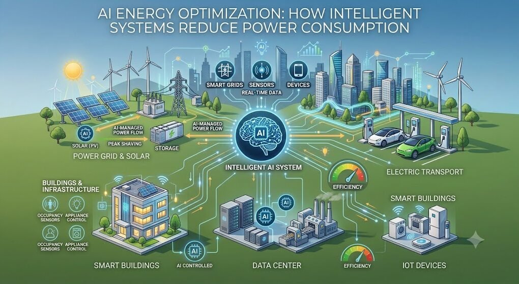 AI-powered energy optimization system reducing power consumption in a smart building