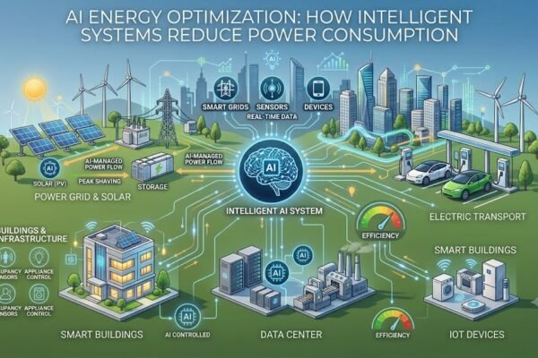 AI-powered energy optimization system reducing power consumption in a smart building